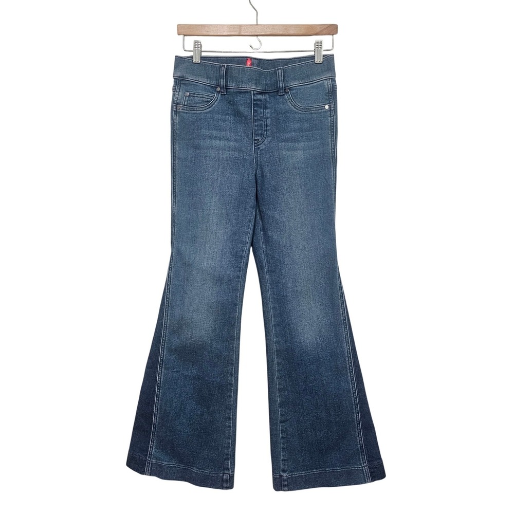 Spanx Easy Flare Mid Rise Jeans S Blue Medium Wash Stretch Denim 70s Boho Casual